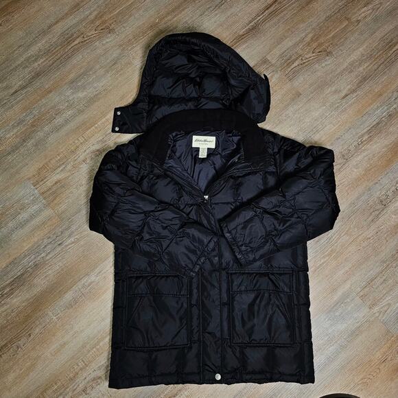 Eddie Bauer Black Goose Down Puffer Chore Coat Quilted Flap Pckts Snaps & Zip LG - Picture 4 of 9